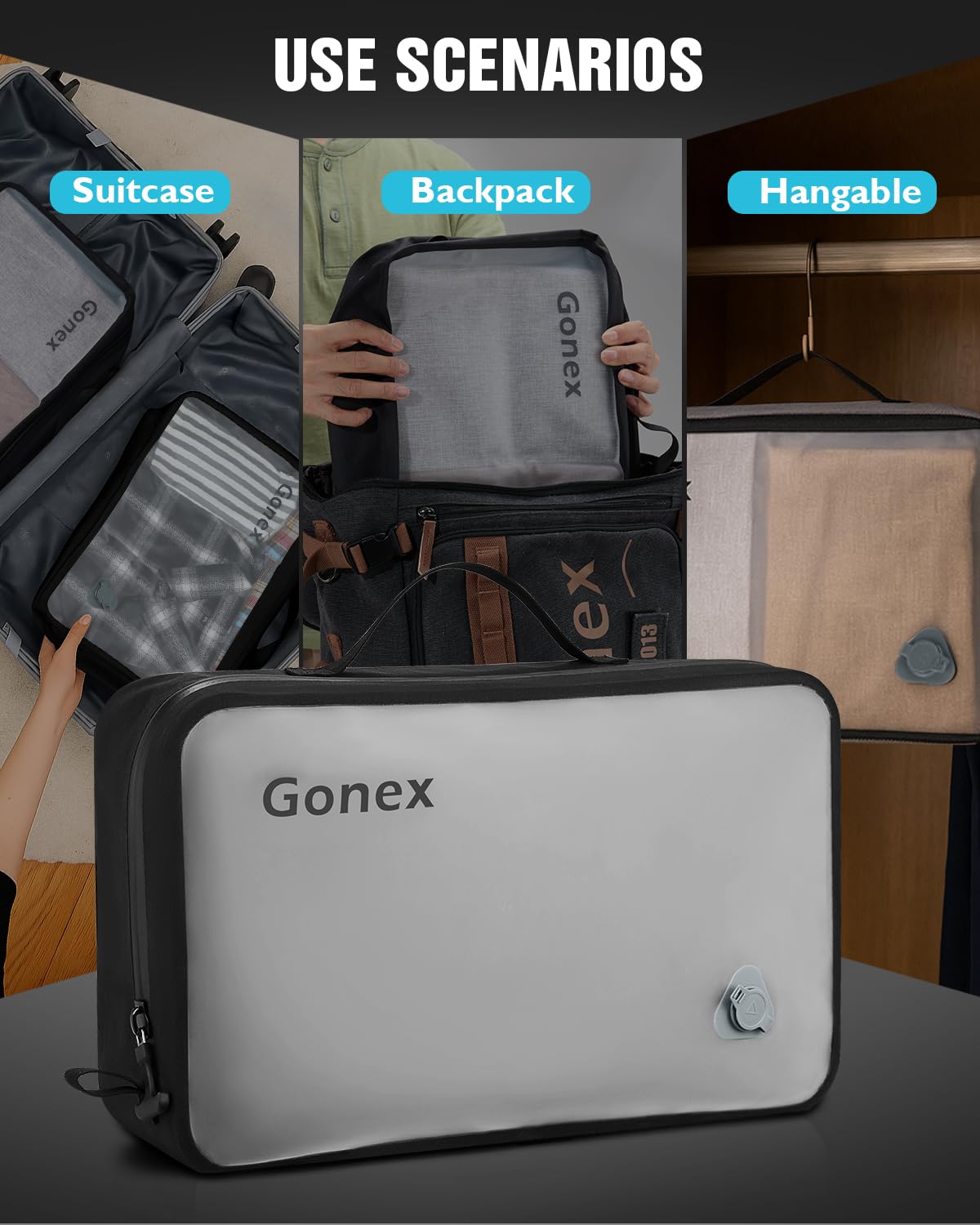 Gonex Vacuum Travel Bag with Pump, Reusable Compression Packing Bag with Handle & Transparent Window, Wide Opening, Waterproof Travel Storage Organizer for Carry-On Suitcase, Backpack (2PCS+Pump)