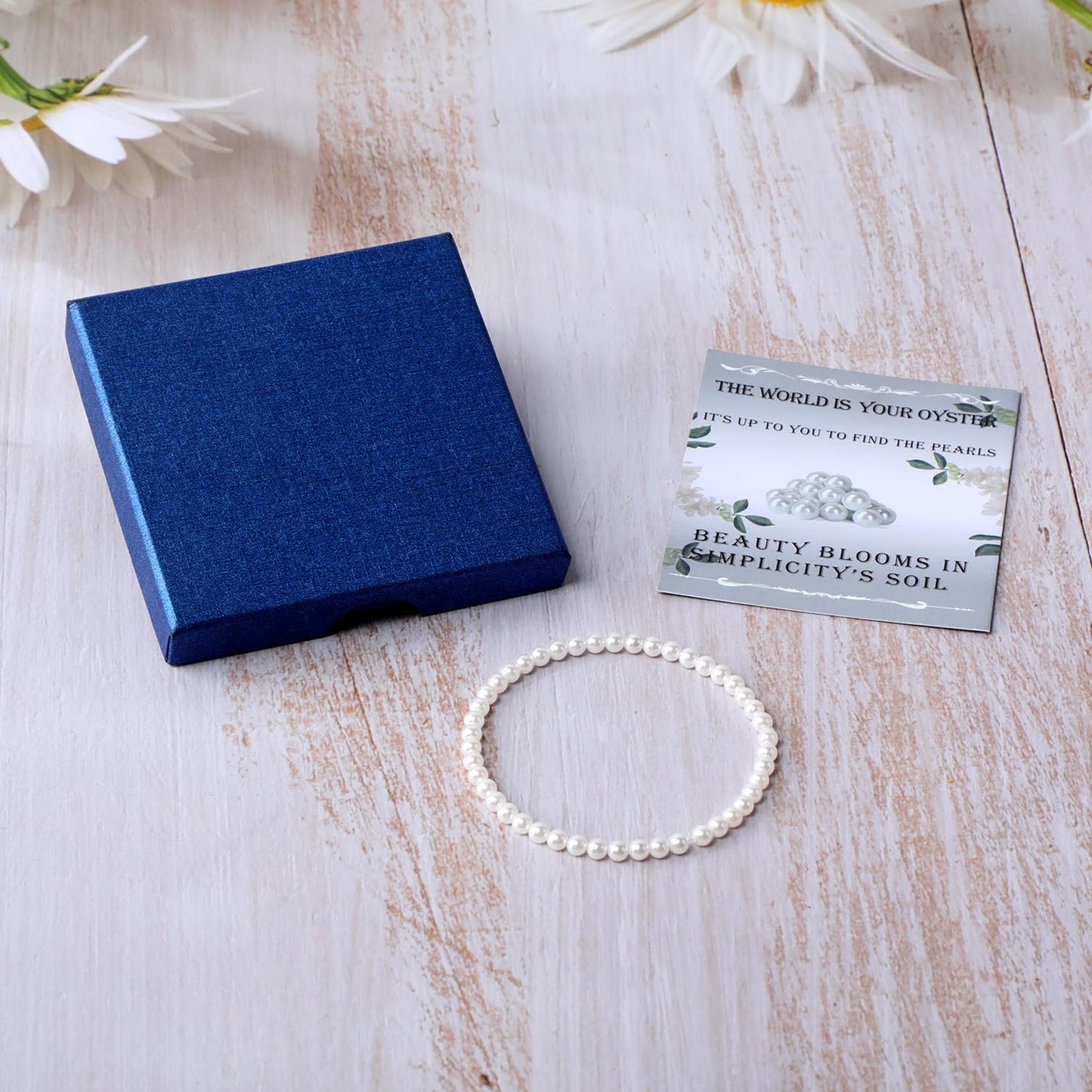 QOGIR 4mm Shell Pearl Beads Gemstone Handmade Stretch Elastic Dainty Beaded Bracelets for Women Gifts