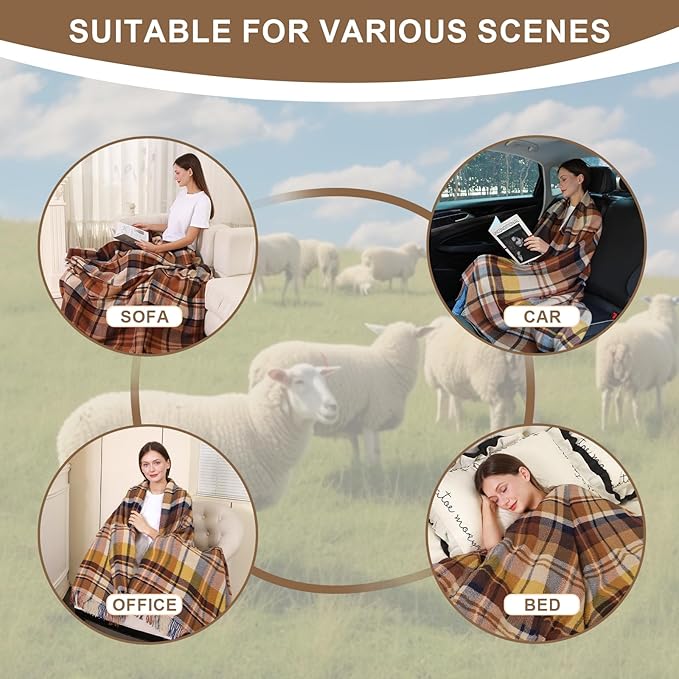 Throw Blanket Plaid with Carry Bag | Soft Wool Travel Blanket 55"x83" 2lbs| Mocha Brown Plaid Decorative Throw for Couch, Camping & Gift