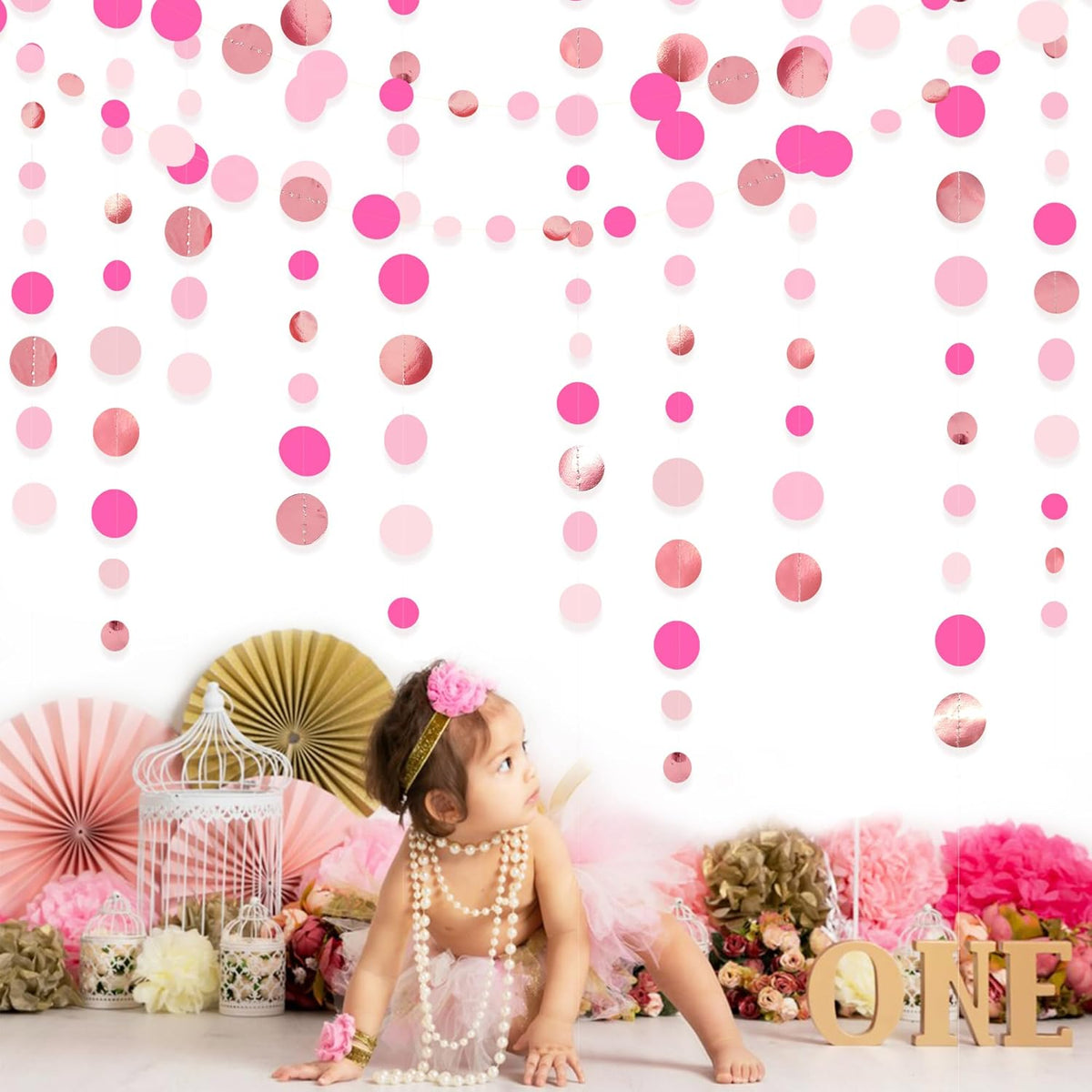 Hot Pink Rose Gold Party Decorations Circle Dots Garland Hanging Polka Dot Streamer for Girls Birthday Bachelorette Baby Shower Wedding Bridal Shower Anniversary Hen Party Supplies