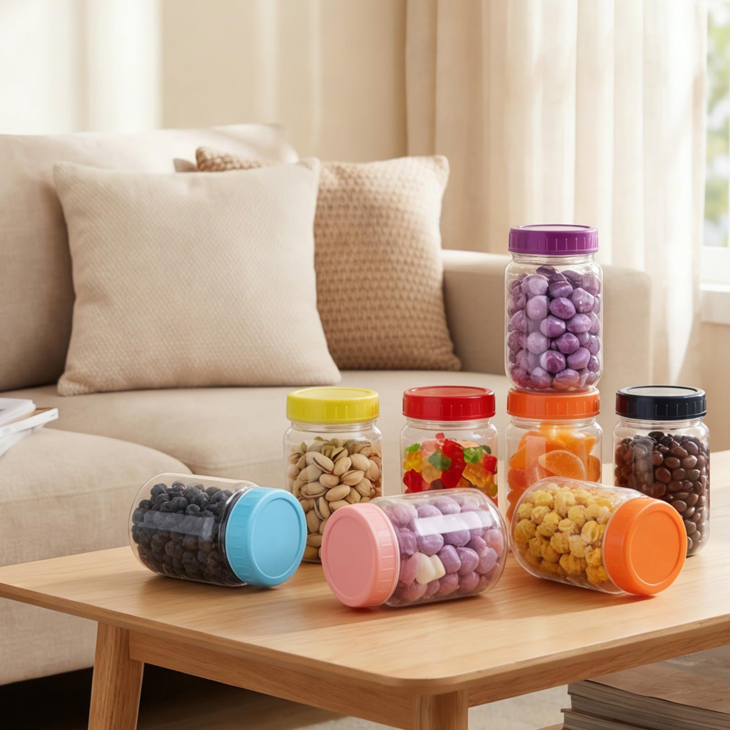 novelinks 16 oz Plastic Mason Jars with Colorful Lids, Leakproof 16oz Clear Plastic Jars with Lids, Reusable Storage Containers for Household Use (16 Pack)