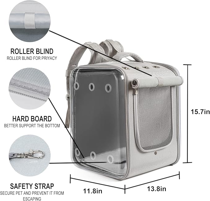 Petseek Cat Backpack Carrier Large Pet Backpack Carrier, 17lbs Load-Bearing Ventilated Design Dog Backpack Carrier for Small Dogs, Sturdy Cat Bubble Backpack for Travel, Hiking & Outdoor Use, Grey