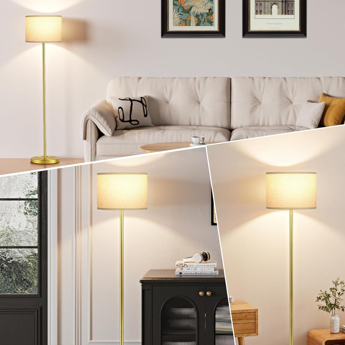 Ambimall 60'' Modern Floor Lamp with Shade, Tall Lamps for Living Room, Bedroom, Office, Dining Room, Beige Shade with Brushed Gold Pole(Without Bulb)