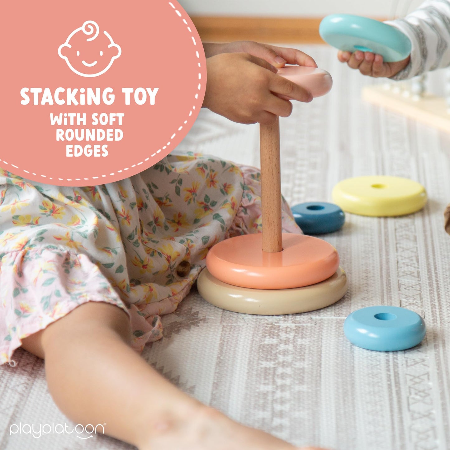 Play Platoon Non-Toxic Kids Play Mats for Floor, Extra-Thick Foam Tiles, Playmat for Toddlers & Childrens Playroom, Wooden Rainbow Stacking Toy Ring Stacker Toy, Educational Interactive Learning Toys