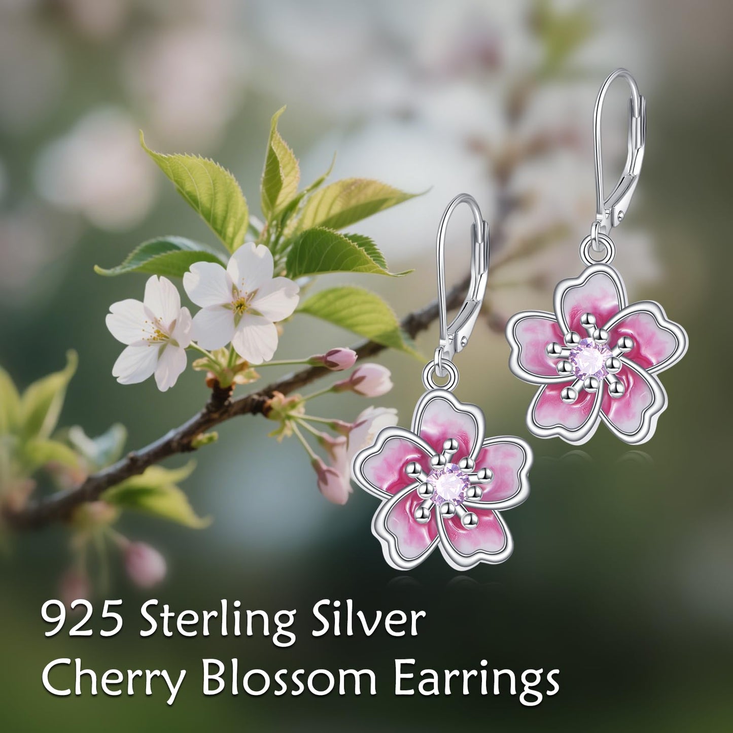TIGER RIDER Cherry Blossom 925 Sterling Silver Leverback Earrings Flora Jewelry Gift for Women Birthday Christmas