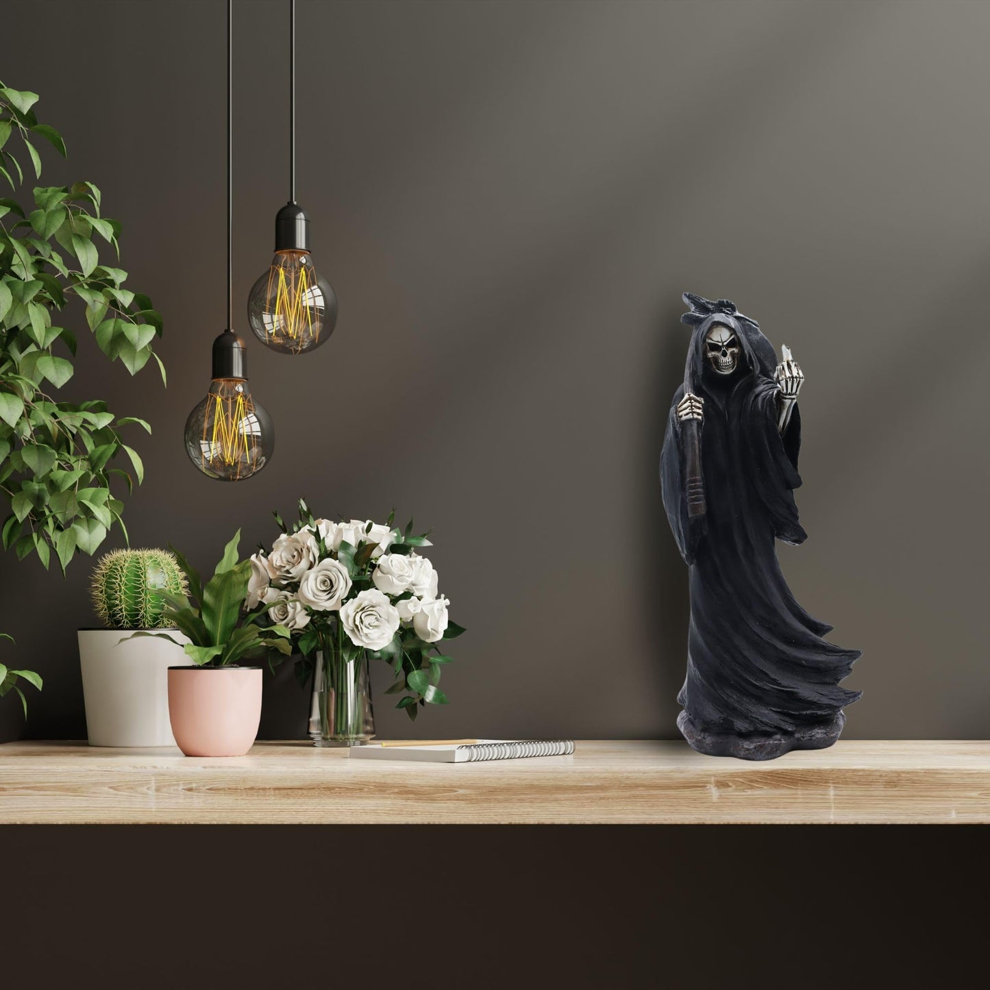 Candy Creations On Cloud 9 Grim Reaper Holding Up Middle Finger Statue, Death Halloween Gothic Figurine, Horror Home Decor