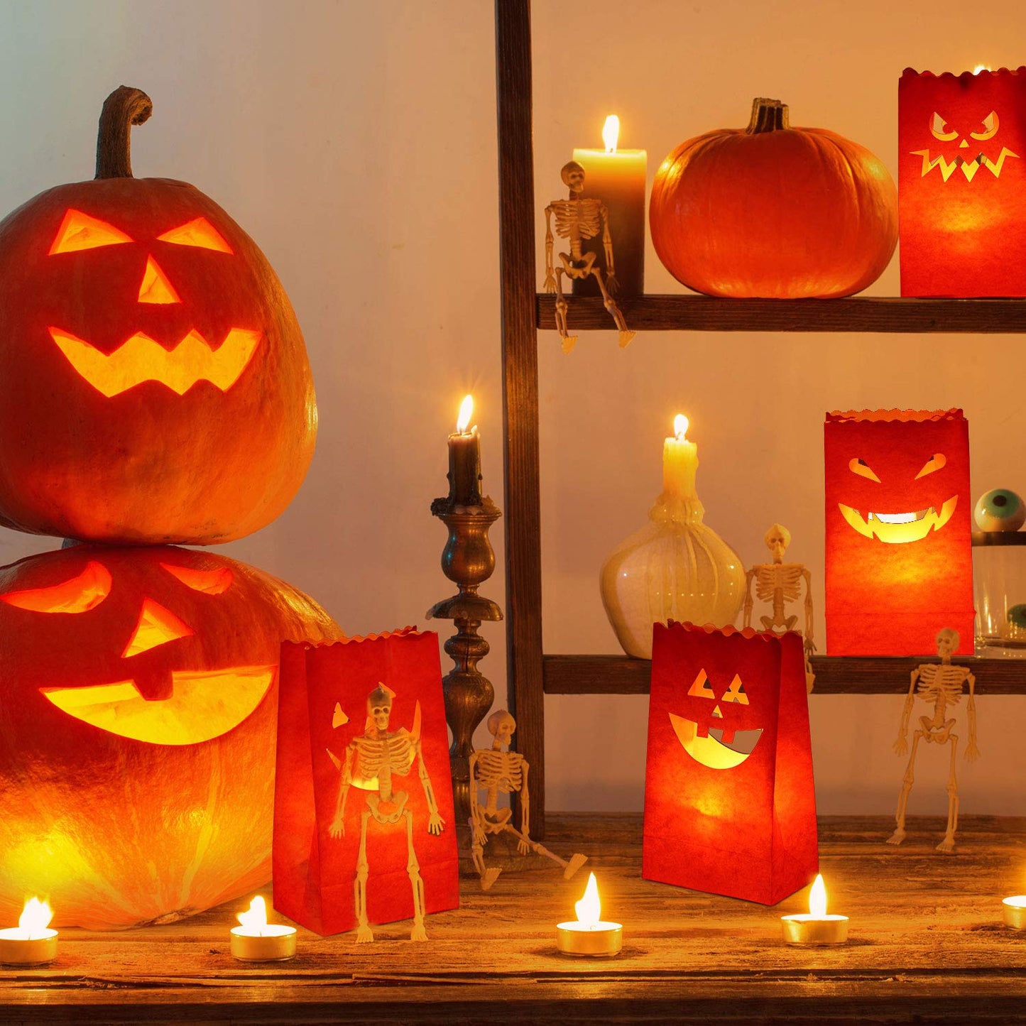 Shappy 20 Pieces Halloween Luminary Candle Bags Flame Resistant Candle Bags in 5 Kinds of Pumpkin Grimace Patterns for Halloween Party Supplies