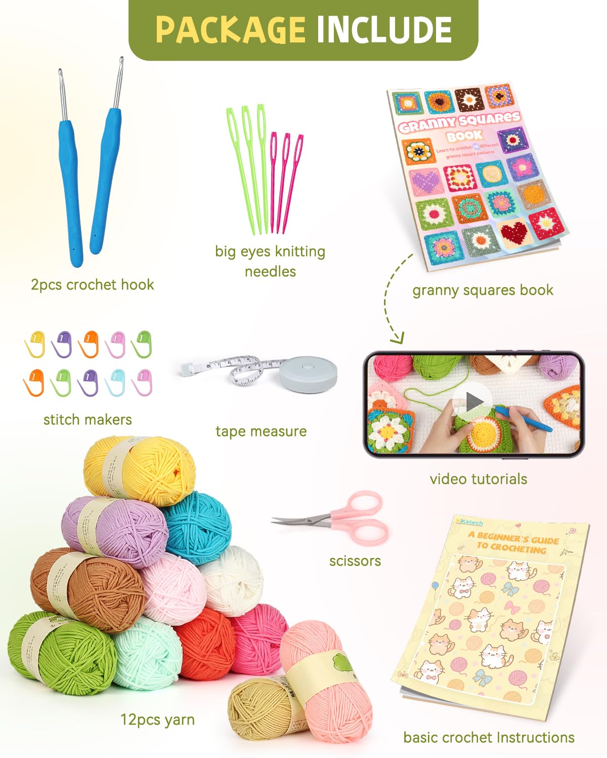 Katech Crochet Kit for Beginners-Crochet Kit for Adults Kids w/Step-by-Step Video Tutorials, Learn to Crochet 50 Pattern Granny Square Kit Crochets Starter Kits w/Upgraded Yarn-Zero Based Friendly