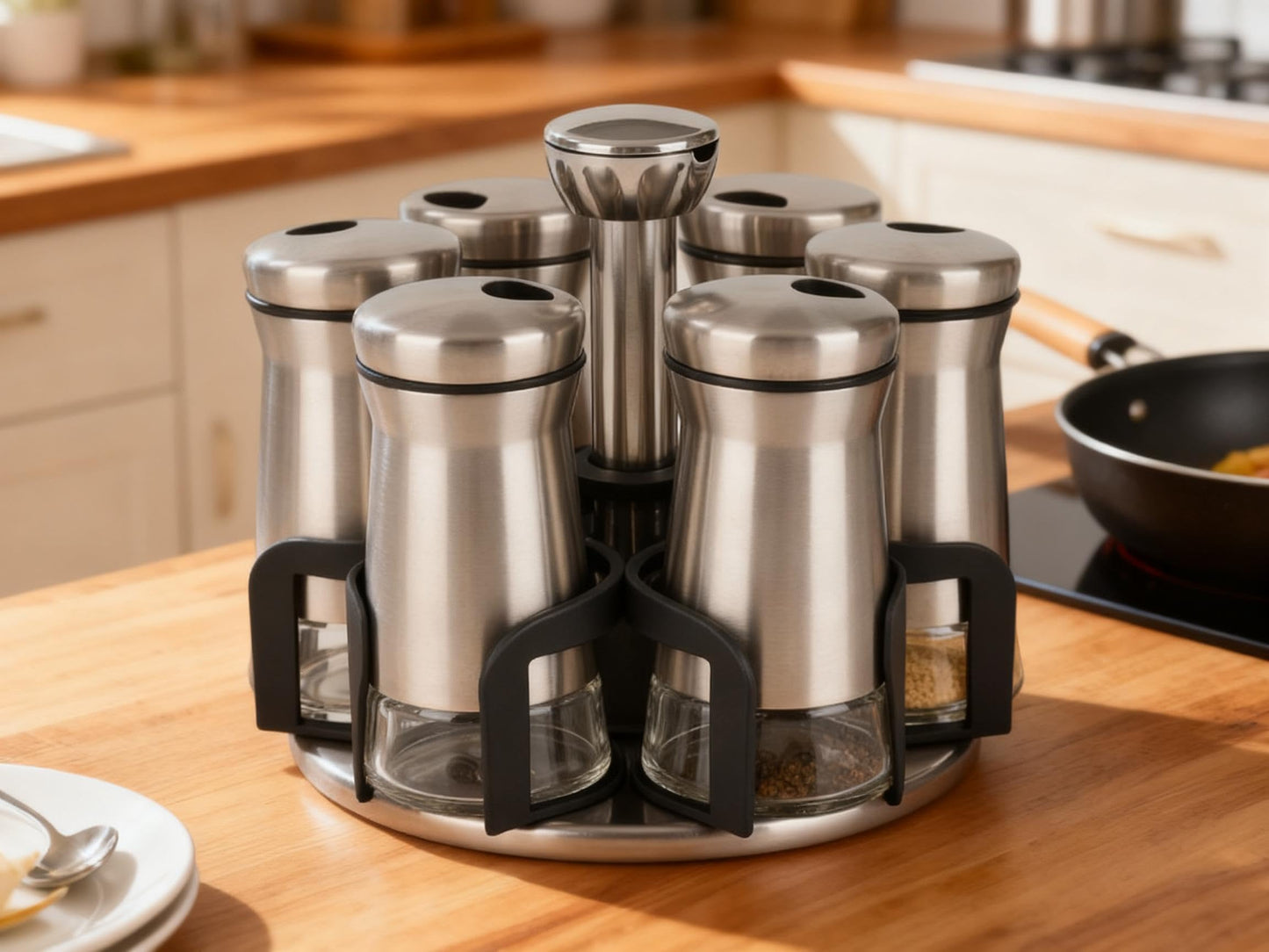 LCshuyao 360° Rotating Spice Rack,Spice Rack Organizer for Cabinet - Includes 6pcs Glass Spice Jars and Labels,Spice Storage, Cooking, Outdoor BBQ,(Spices Not Included) (Modern)