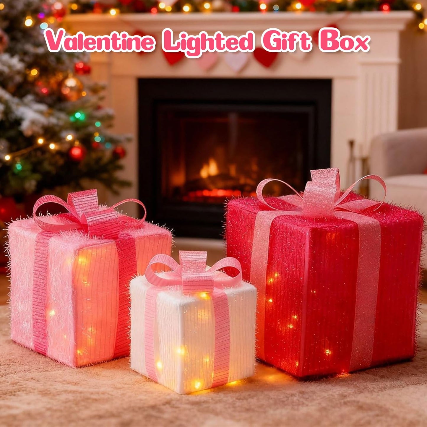 Otoolling 8 Mode 3 Packs Pink Valentines Decorations LED Light Up Valentines Lighted Gift Boxes with Glitter Bow Present Boxes USB Powered for Wedding Christmas Porch Room Decor Indoor Outdoor