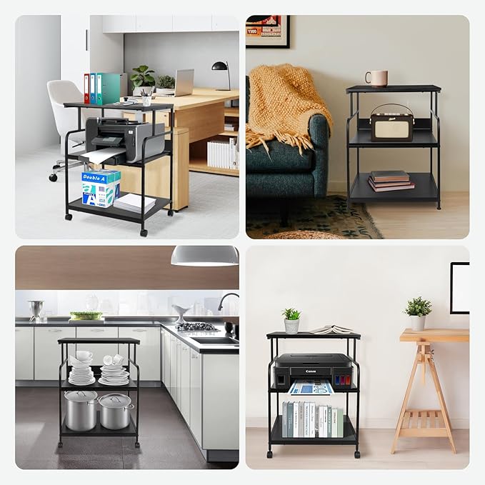 GCCSJ Large Printer Stand,3 Tier Printer Cart with Adjustable Storage Shelf,23.6 x18.9 x 29.5 inches Printer Stand for Home Office, Stands for Heat Press Scanner Fax, Industrial Style, Black