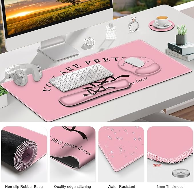 Gaming Mouse Pad, Large Desk Mat, Cute Desk Pad Protector, 4in1 XXL Mousepad + Keyboard Wrist Rest+Mouse Wrist Rest+Coaster Set with Ergonomic Desk Pad for Home Office Table Computer, Pink Pretty Bow