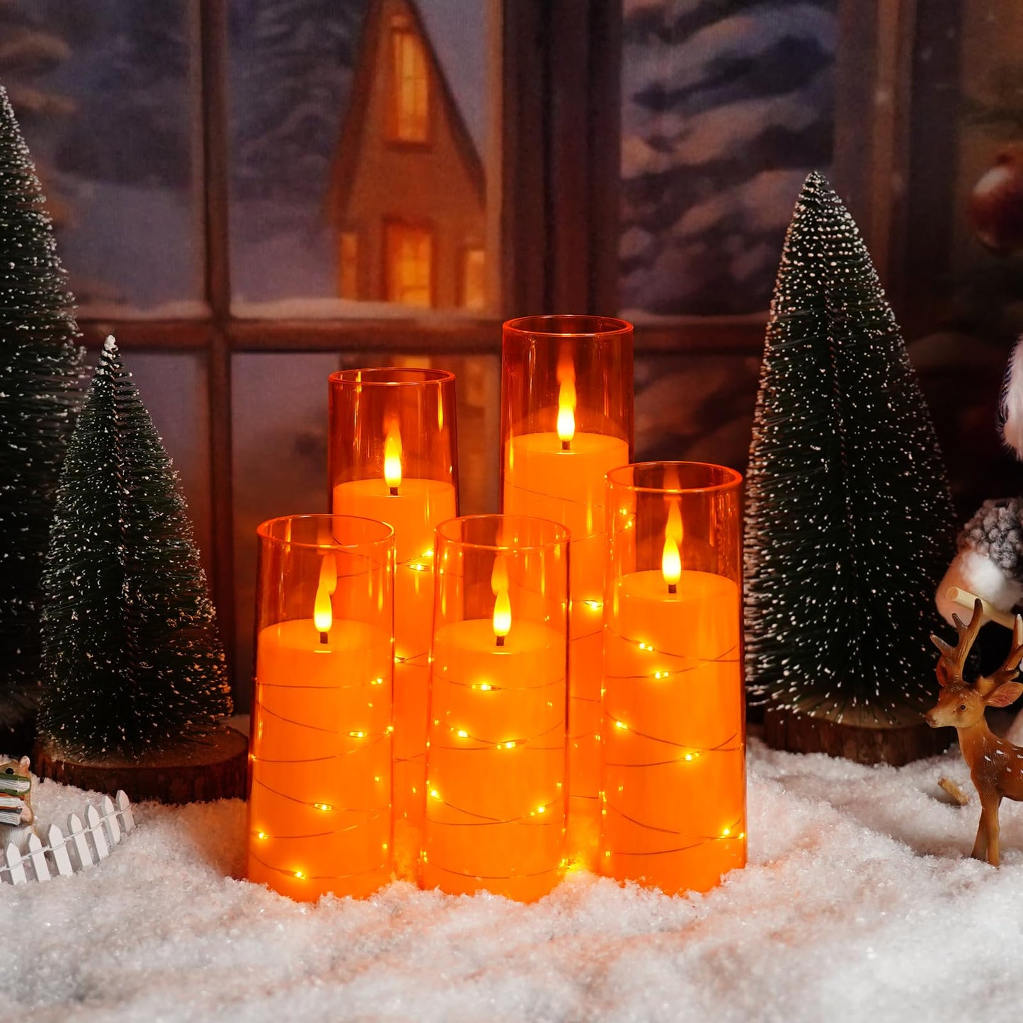 kakoya Flameless LED Candles with Timer 5 Pc Flickering Flameless Candles for Romantic Ambiance and Home Decoration Stable Acrylic Shell,with Embedded Star String,Battery Operated Candles(Orange)