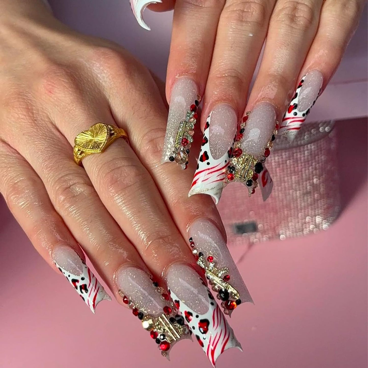 KINGNAME 200 PCS Gold Nail Charms Set with Hearts, Crowns, Cherries, Dollar Signs for Nail Art Decoration Jewelry