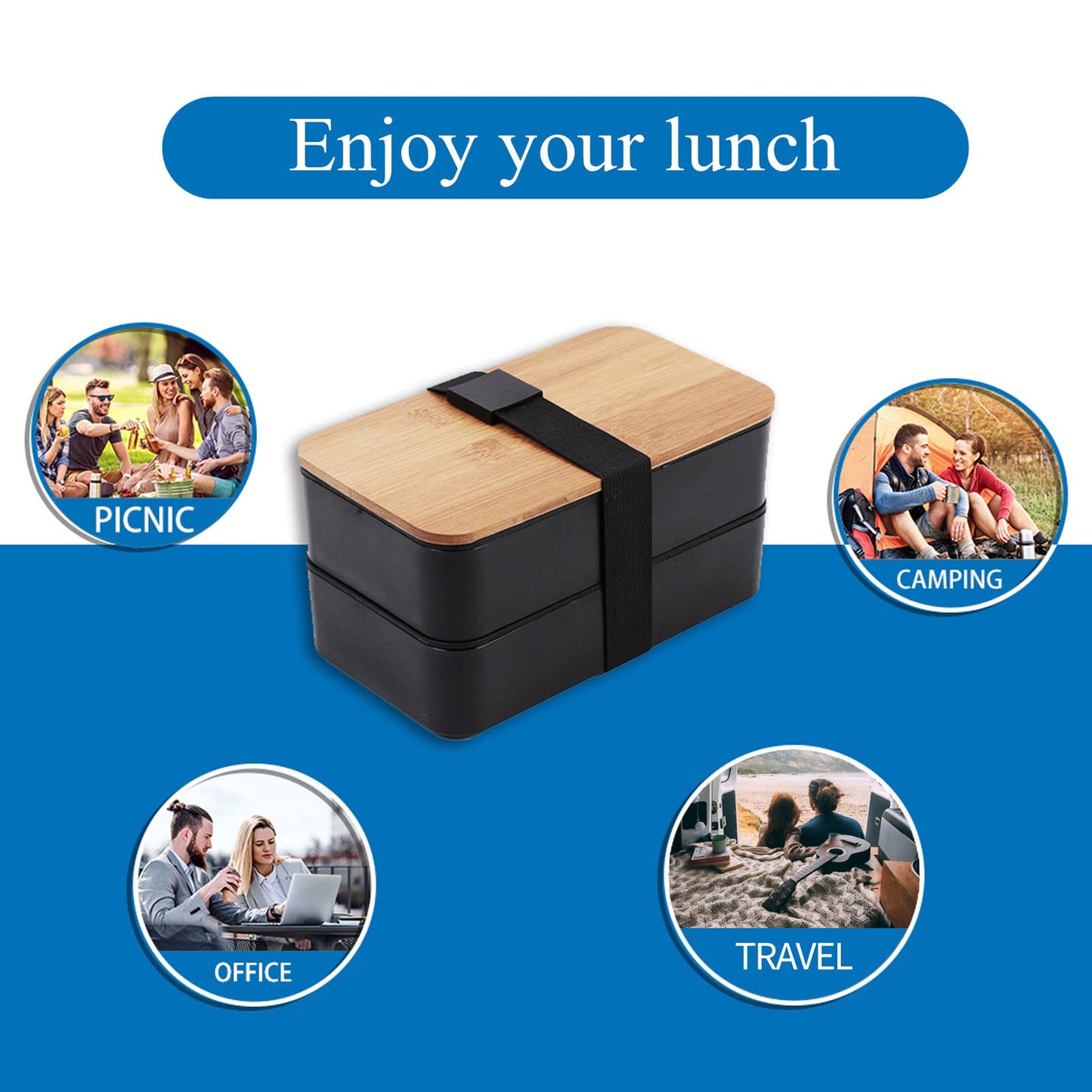 Japanese Bamboo Bento Box with Compartments and Utensils Stackable Lunch Box Includes Lunch Bag for Meal Prep Black