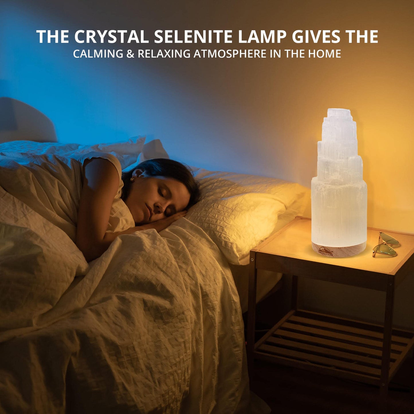 Himalayan Glow Selenite Crystal Lamp 20cm, Hand Curved Morocco |Skyscraper| Crystals and Healing Stones,(ETL Certified) with Wooden Base & USB Charging Cable For Healing Cleansing & Meditation