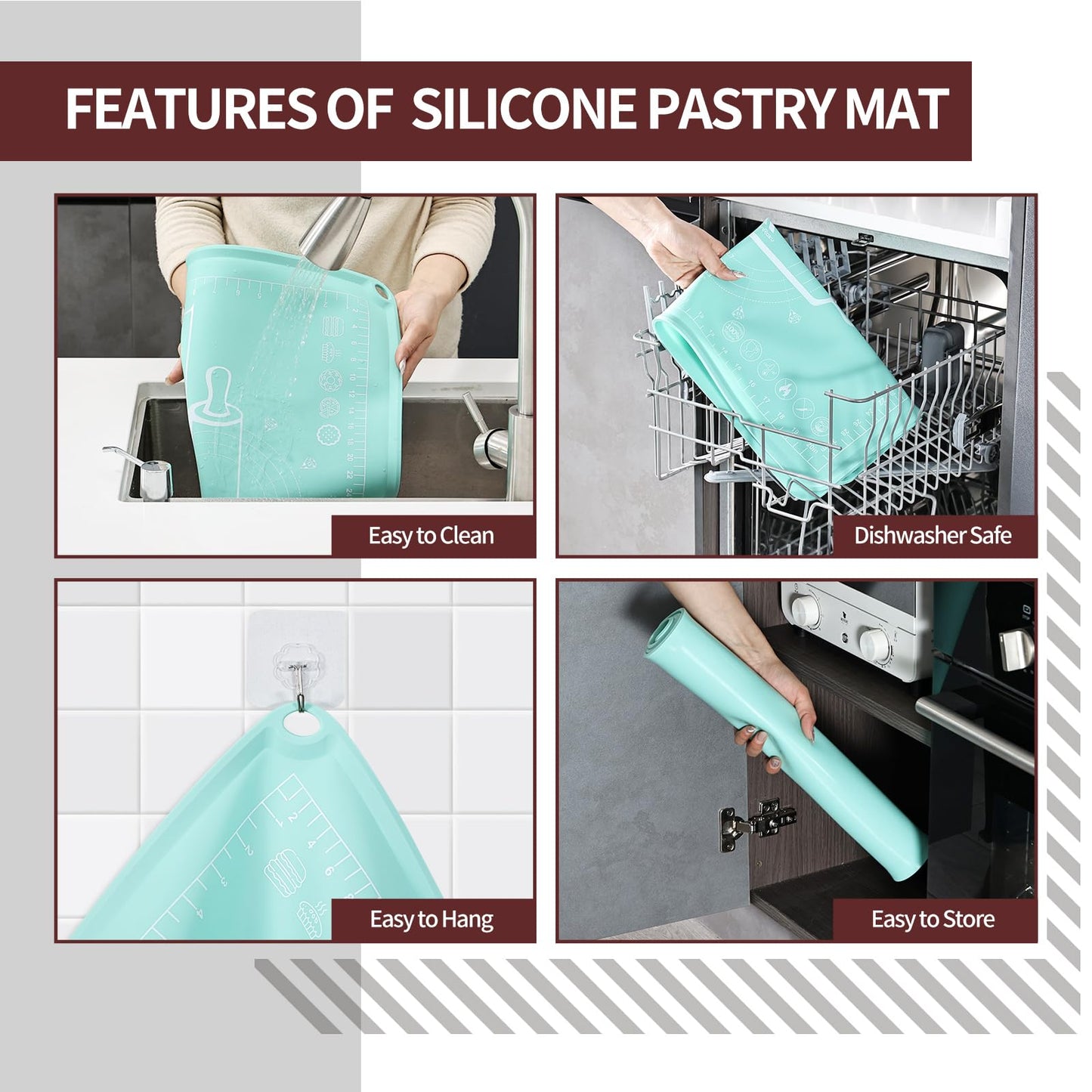 Silicone Baking Mat 20"L x 28"W, Extra Thick Dough Rolling Pad with Measurements and Edge Heightening, Non-stick Food Grade Silicone Pastry Mat for Pastry, Bread, Cookies