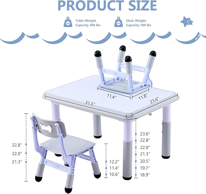 Kids Table & Chairs Set (2 Chairs), Height Adjustable Toddler Table and Chair Set for Kids Ages 3-8 with Graffiti Desktop, Learning & Art Activity Desk for Classroom, Home, Daycare (Grey)