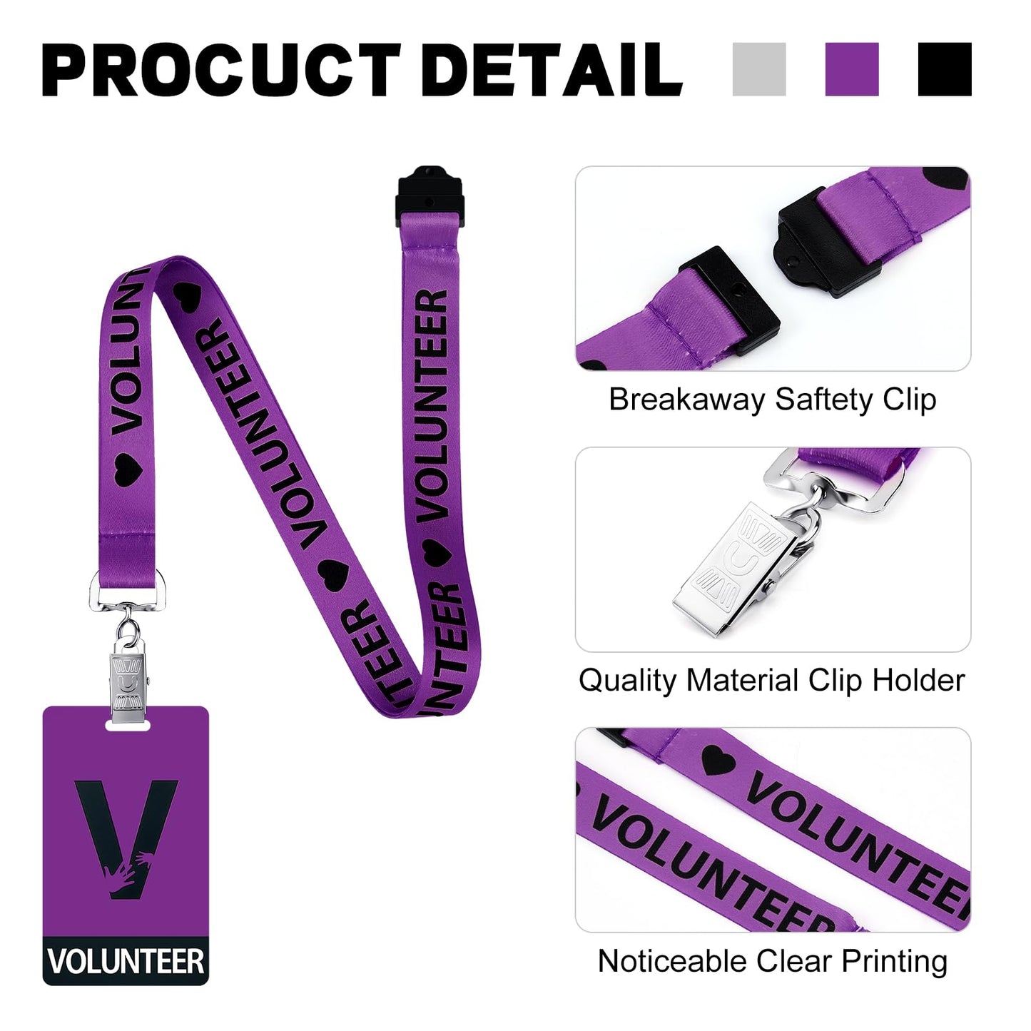 Colarr 25 Pack Volunteer Lanyard with PVC Plastic Card Pass Volunteer Identification ID Badges Bulk Breakaway Lanyard for Activity, Fundraising, Church, School, Events(Purple)