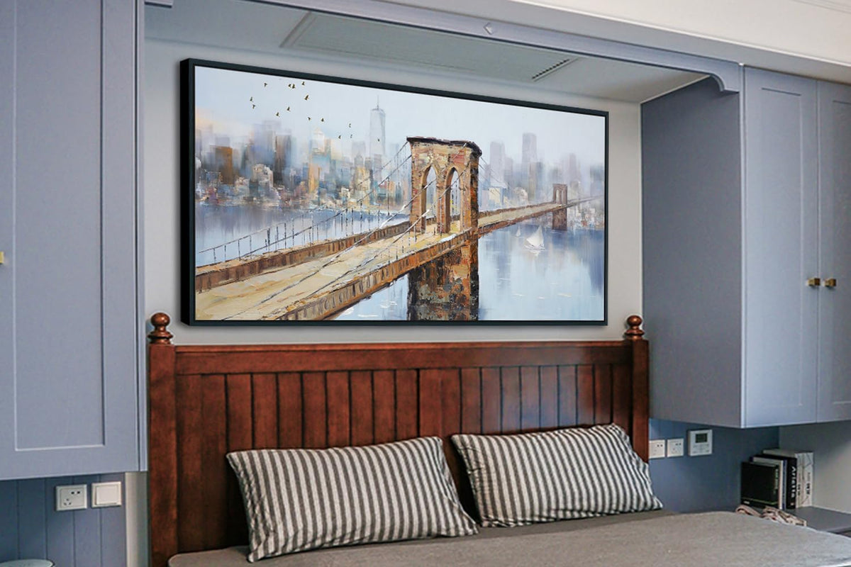 Arjun Brooklyn Bridge Canvas Wall Art Abstract Skyline New York City Painting Modern NY Cityscape Picture Textured Artwork for Bedroom Living Room Bathroom Home Office Wall Decor Framed Large 40"x20"