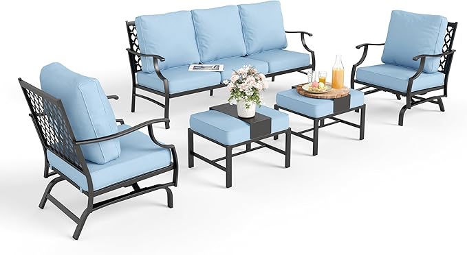 Patio Furniture Set 5 pcs, Outdoor Patio Furniture, 3-Seat Sofa, 2 Rocking Chairs, 2 Ottomans and 5.75" Extra Thick Cushion, Patio Conversation Set for Garden Backyard Deck,Blue