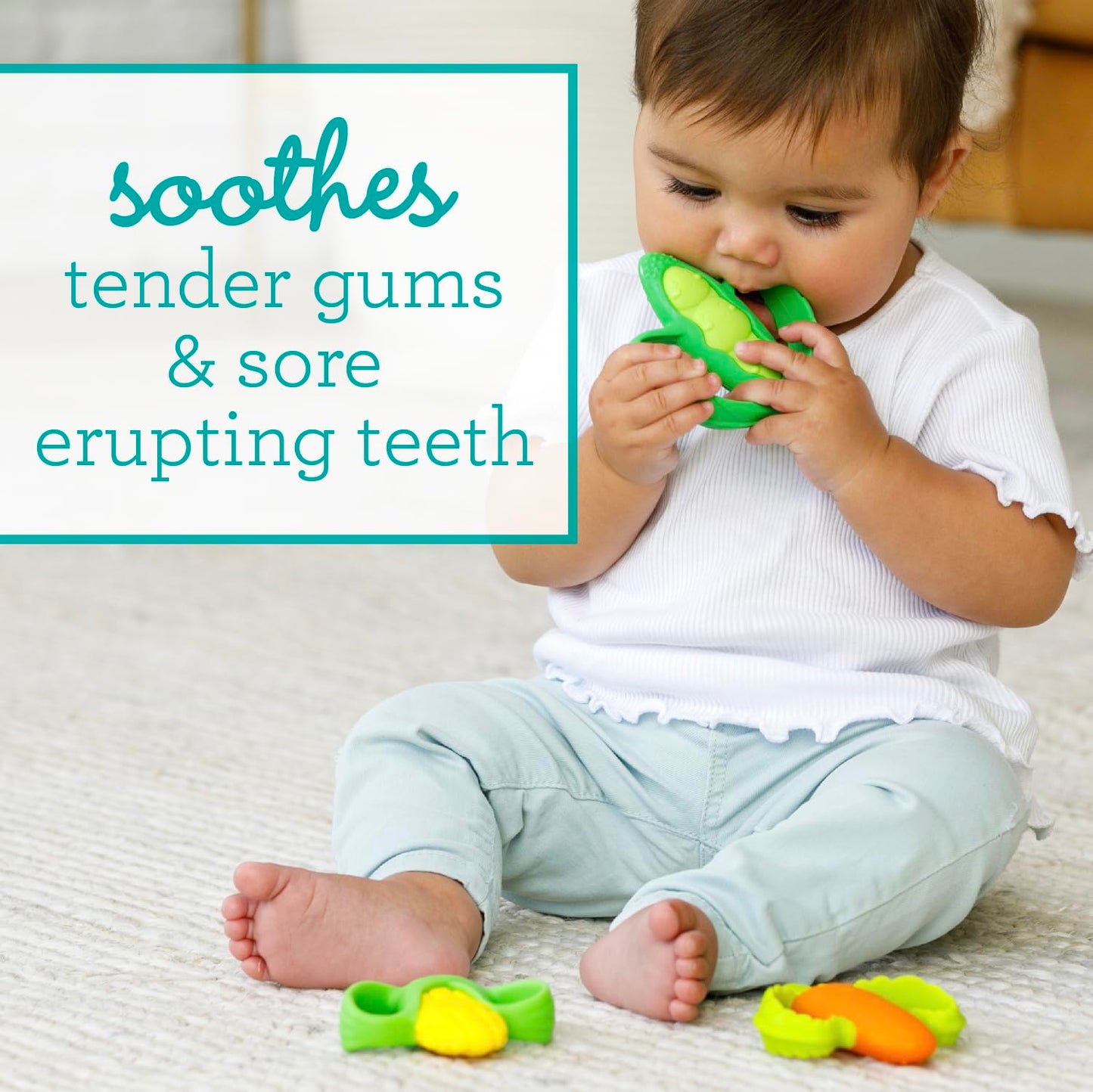 Infantino Lil’ Nibbles Textured Silicone Teethers, BPA-Free Baby Teething Toy, Soft, Easy to Hold, Sensory Stimulation for Infants, Carrot, Corn, Pea Pod, 3-Pack Set