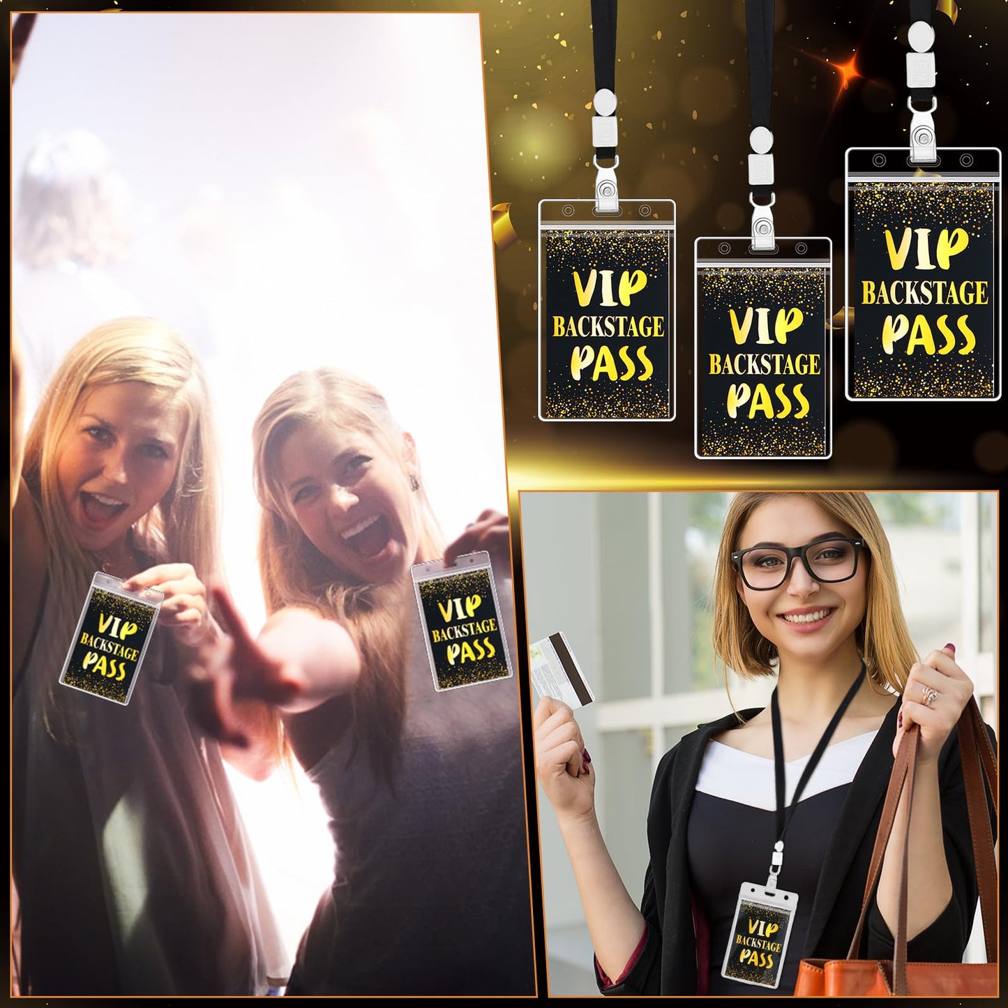 Gueevin 50 Sets VIP Badge Lanyards with Plastic VIP Pass Cards Black and Gold Pass Cards Safety Clear Plastic Badge Holder Black Lanyards for Backstage Party Concert Event