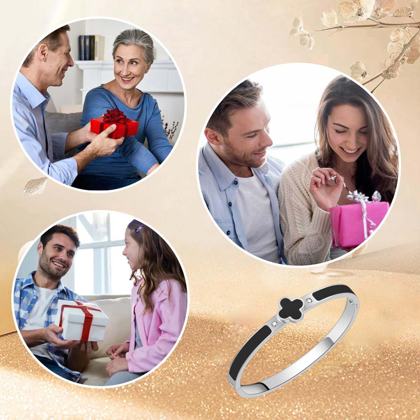 KYJAC 18k Gold Plated Stainless Steel Four Leaf Clover Bracelet for Women - Non-Tarnish, Precision Polished Chunky Oval Bangle in Black, White, Pink, Red Clover Bangle (Silver Black)