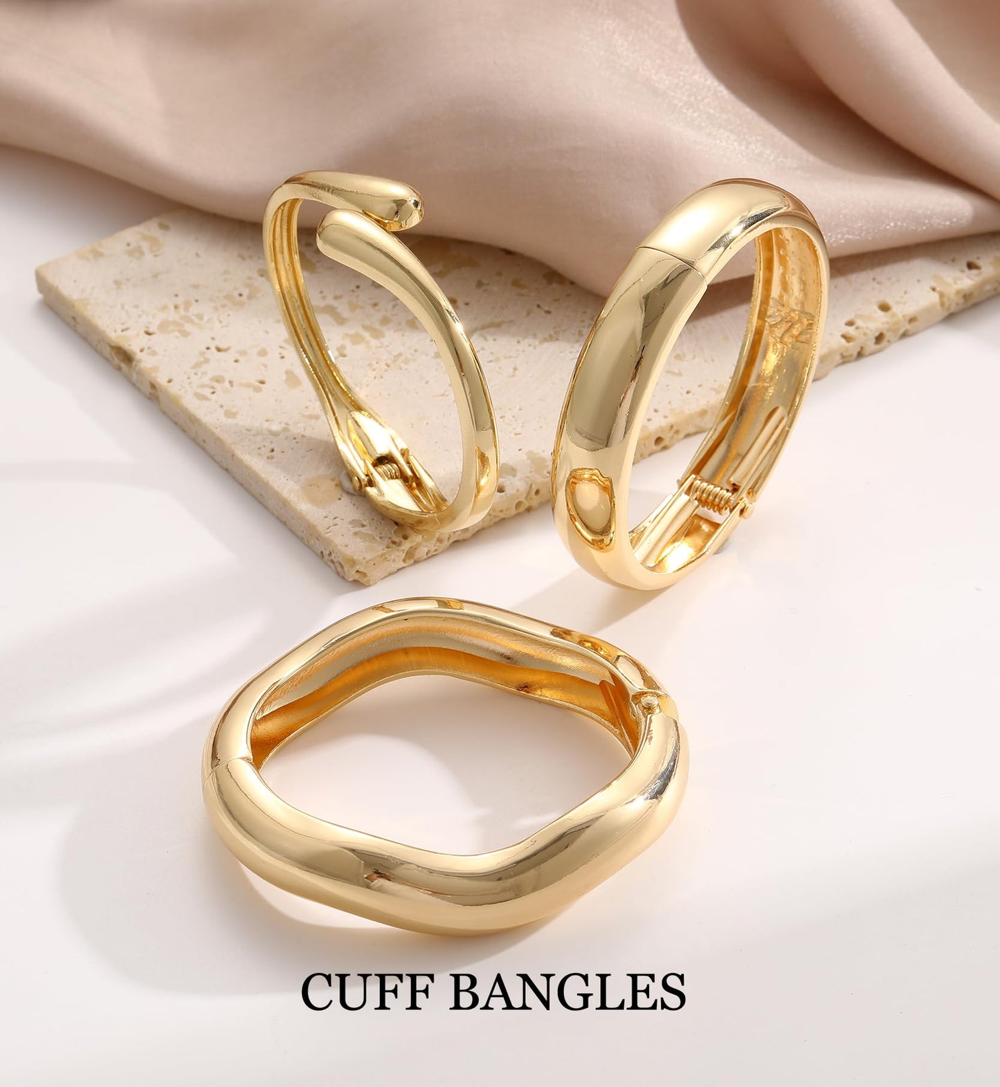 Chunky Gold Bangle Bracelets for Women, 14k Gold Plated Dainty Cuff Stackable Bangles Set, Trendy Bracelet Stack Fashion Jewelry Gifts (03-GOLD)