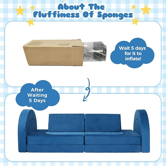 12 Pcs Modular Kids Play Couch, Toddler Couches That Fold Out, Plush Foam Chair for Children’s Playroom, Velvet Fabric Convertible Foam and Floor Cushion for Boys and Girls (Blue,07)