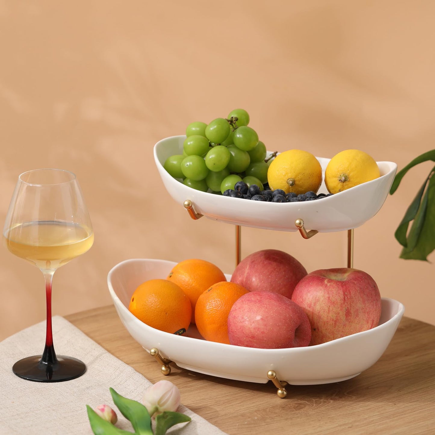 Large Size 2 Tier Ceramic Fruit Bowl,(13.4 and 11 inch Plate)More Storage Space, Golden Metal Stand for Kitchen Counter,Porcelain Fruit Basket for Countertop, Snack, Nuts, Cake, Dessert - White