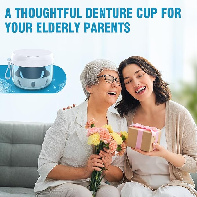 Denture Bath Box Cup, Leak Proof Denture Cup Kit Portable Retainer Case for Travel, Denture Case Cleaning Care for Dentures Aligner Mouth Guard with Denture Brush,Strainer, Removal Tool and Mirror