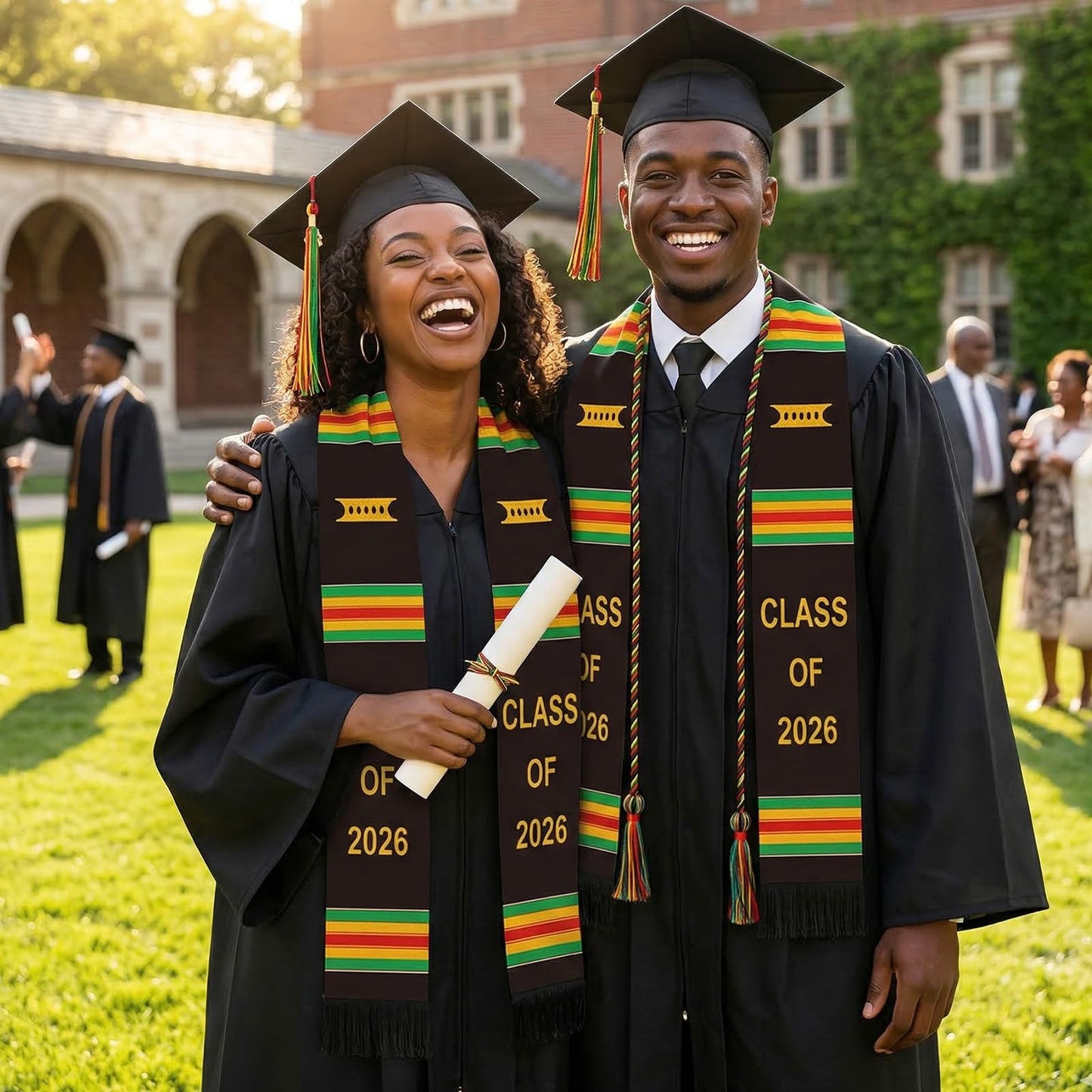 Silkovahamd Kente Black Graduation Stole - Class of 2026 Honor Cord African Pride Sash for College High School, Black Graduates College Keepsake Accessory