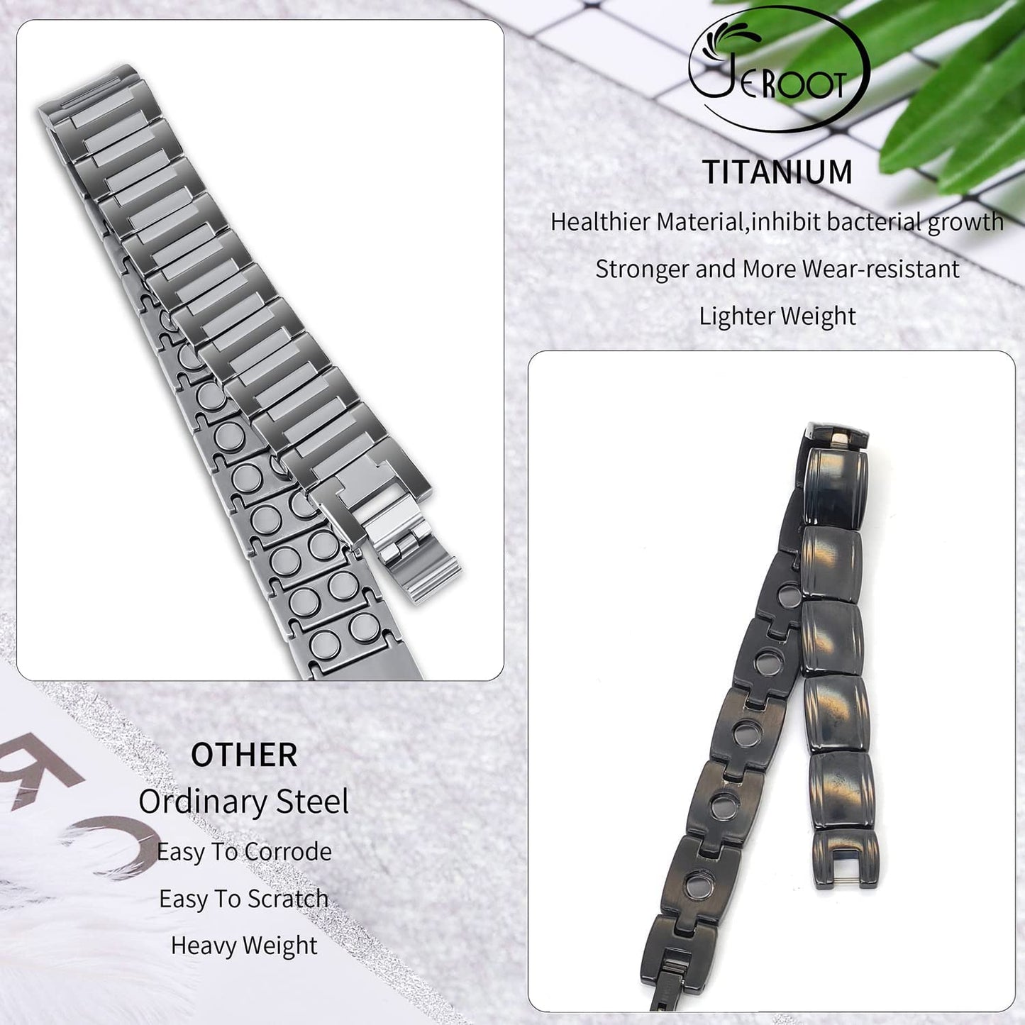 JEROOT Magnetic Bracelets for Men, Pure Titanium Bracelet (4000Gauss Per Magnet), Men's Bracelet Lymphatic Jewelry Gifts (Grey)