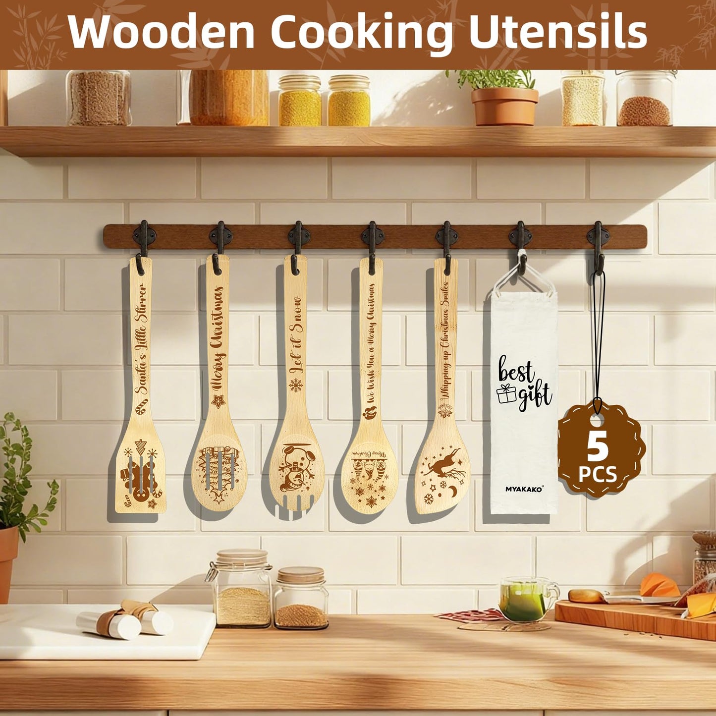 Christmas Cooking Spoons Set with Canvas Bag, 5Pcs Bamboo Non-Stick Cooking Utensils, Kitchen Accessories Housewarming Gift for Friend Women Men, Funny Thanksgiving Christmas Gift for Mom Dad