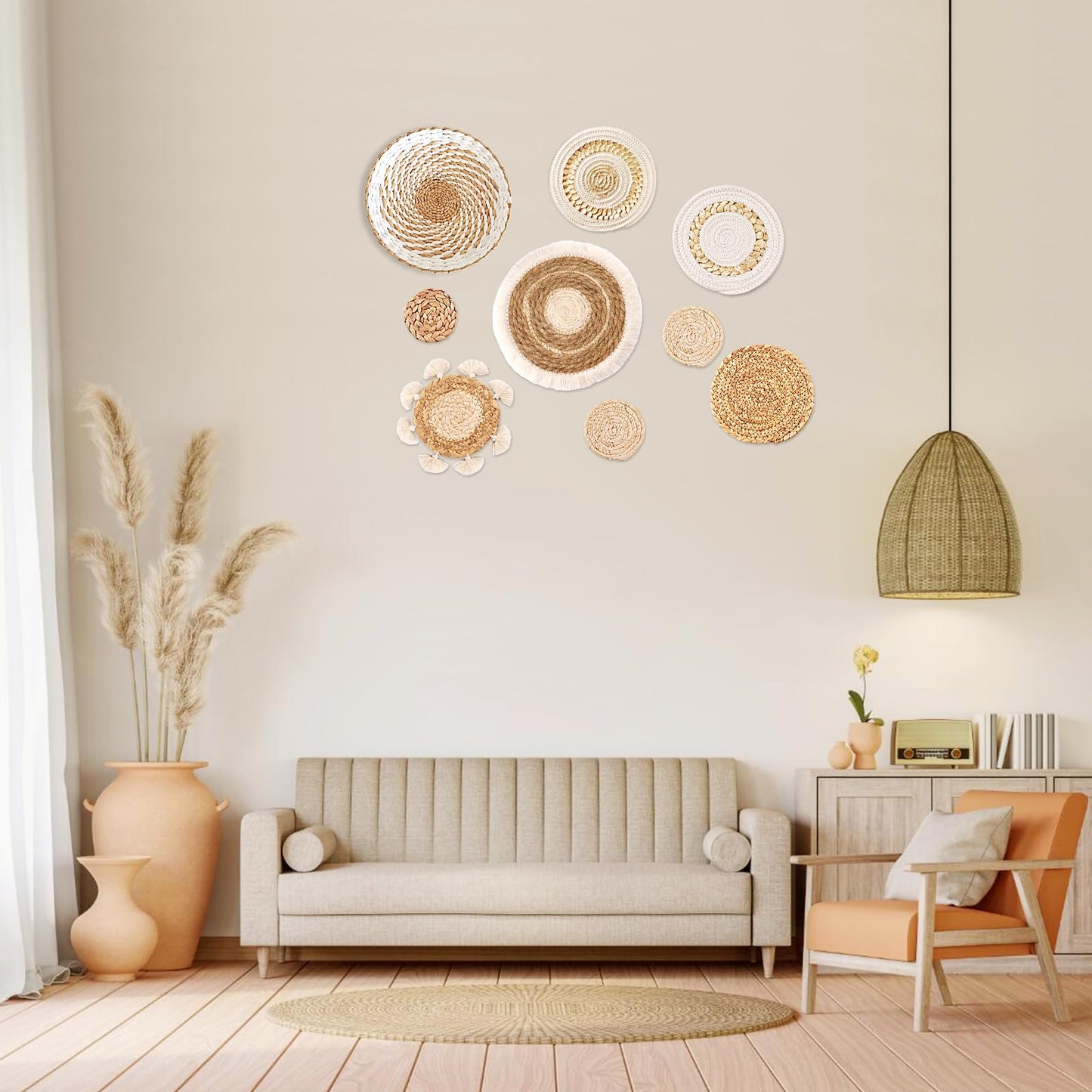 9 Pack Boho Wall Basket Set, hanging Woven Wall Basket Decor, Seagrass Rattan Wicker Boho Wall Decor, Eco-Friendly Round Art for Farmhouse Bedroom Living Room Display Table Settings Kitchen Home