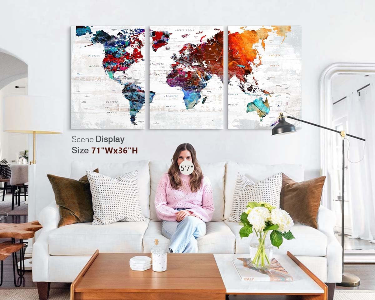 Elixart Modern Wall Art Canvas Pictures for Living Room Wall Decoration Red Orange Wall Decor for Bedroom Home Office Decor for Women Graffiti Map Paintings