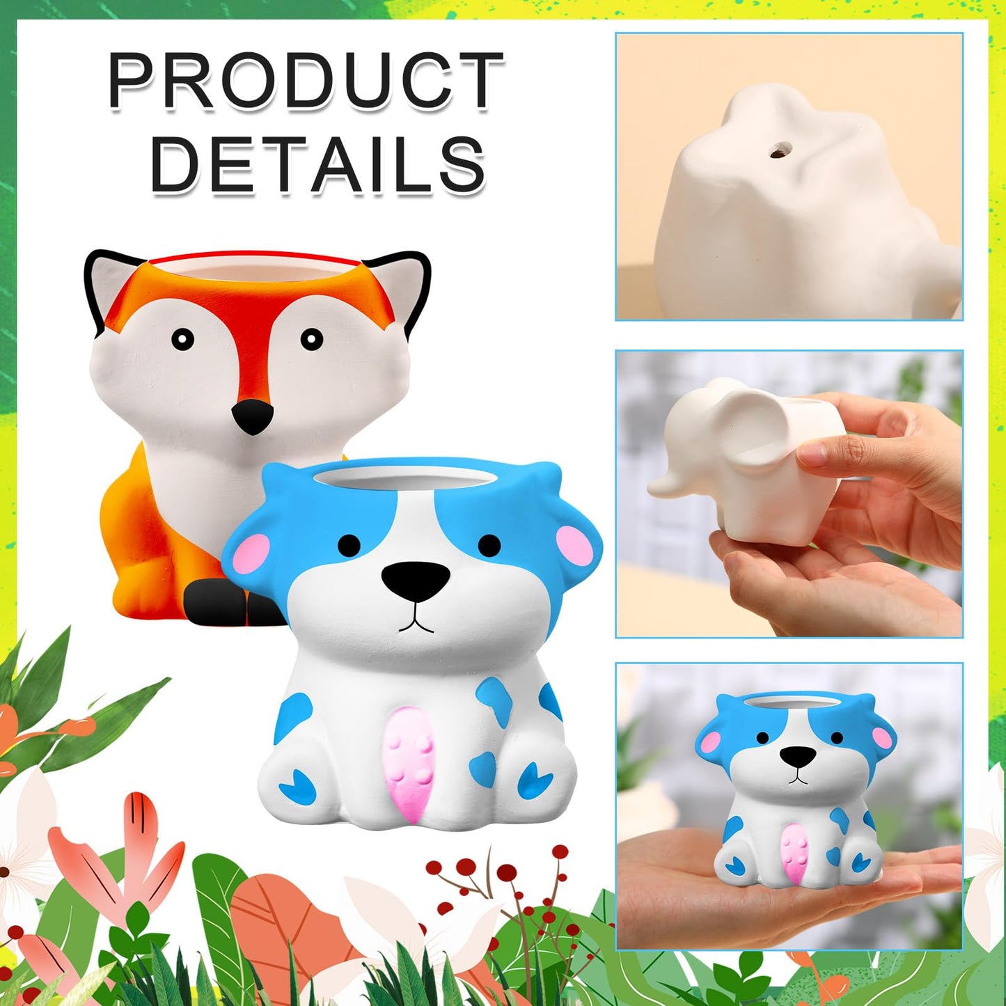 Hushee 12 Sets DIY Ceramic Succulent Pots Ready to Paint Animal Planters Unpainted Plant Flower Pots Bulk with Drainage Hole and Bisque Paint , Adults Craft Christmas