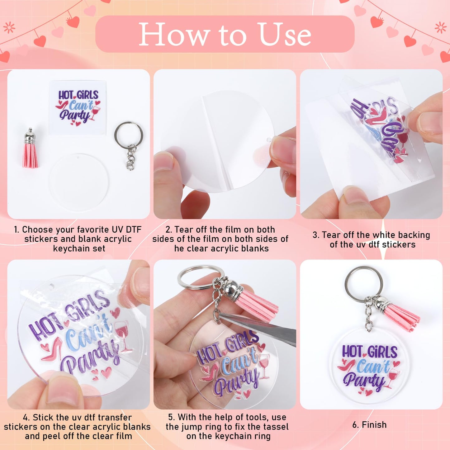 Shejdgart Acrylic Keychain Blanks Kit - 60 Pcs Clear Acrylic Blanks Set with 40 Sheet Double-Sided Printing Funny Humorous Quotes Cold UV DTF Transfer Stickers Tassels, DIY Keychain Crafts Gift