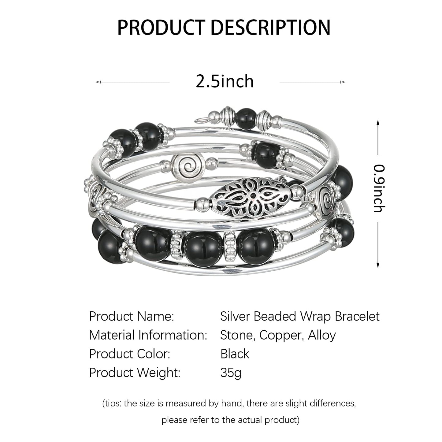 FULU AUTUMN Stackable Beaded Bracelets for Women Boho Wrap Silver Bracelet Layered Fashion Jewelry Gifts for Her(17-Black)