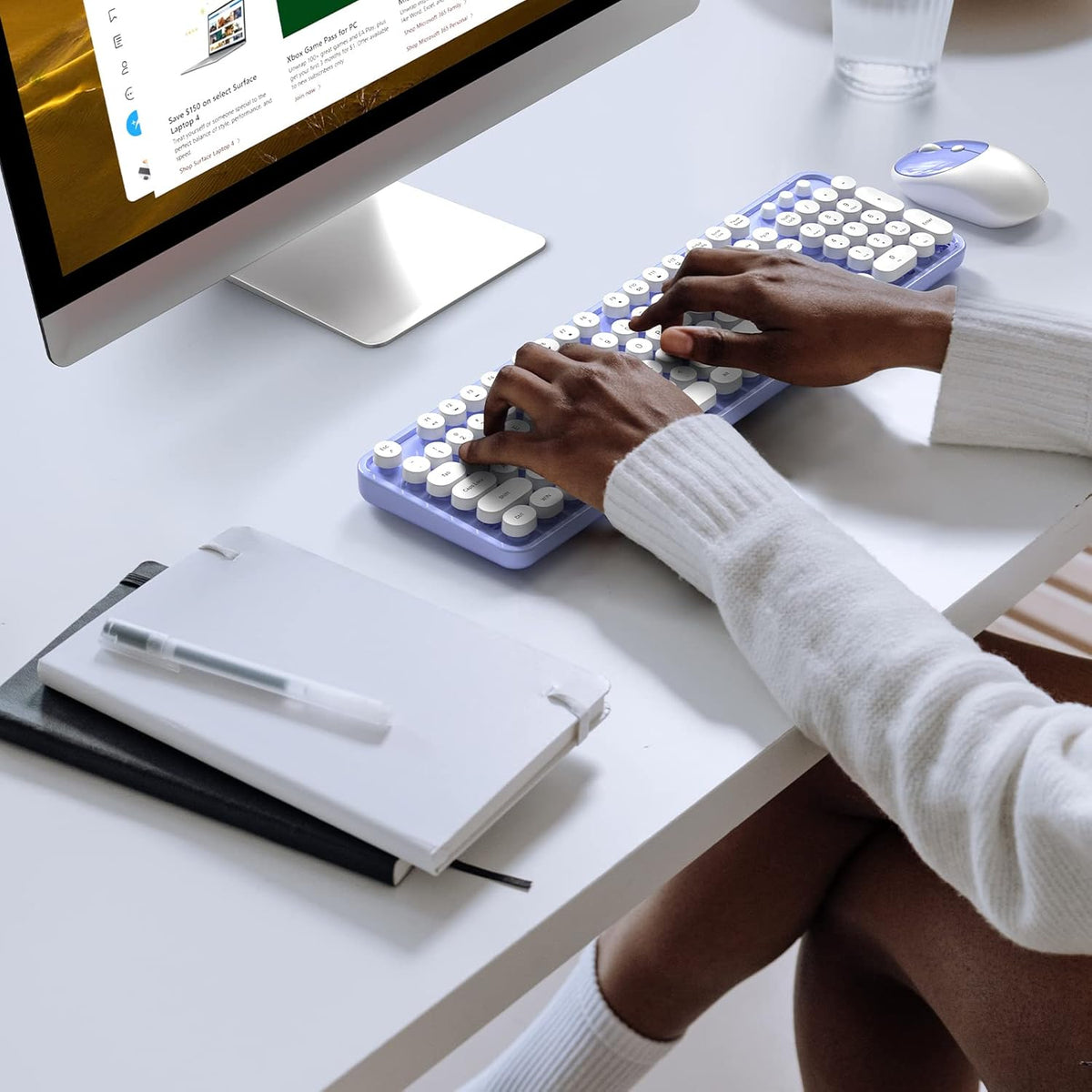 KNOWSQT Wireless Keyboard and Mouse Combo - White-Purple Full-Sized 2.4 GHz 104 Keys Typewriter Cute Keyboard, Round Keycap and Optical Mouse for Windows, Computer, PC, Laptop, Desktop
