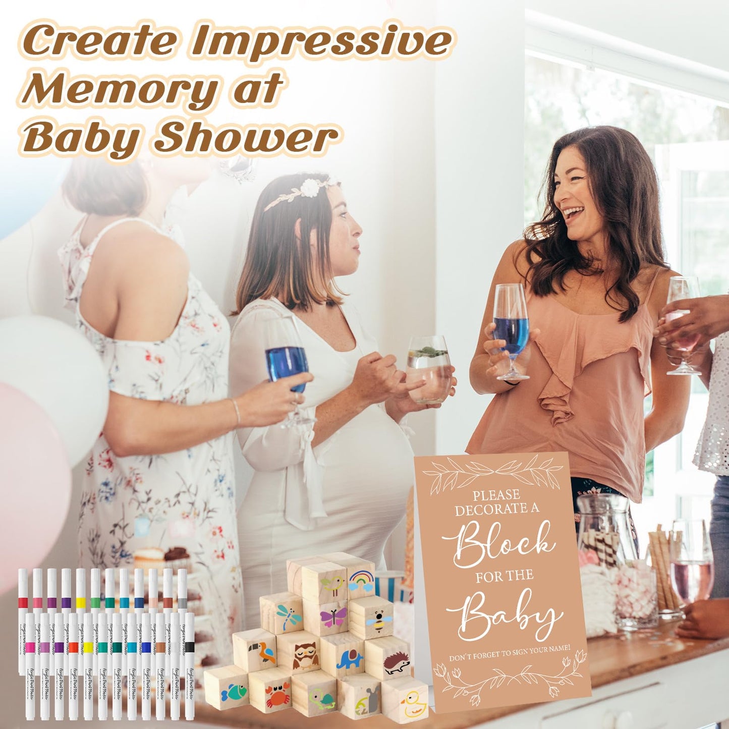 Aisharery 146 Pcs Baby Shower Game Sign Set Includes Decorative Square 54 DIY Blank Wooden Blocks 24 Paint Markers 27 Page Baby‘s First ABC Book