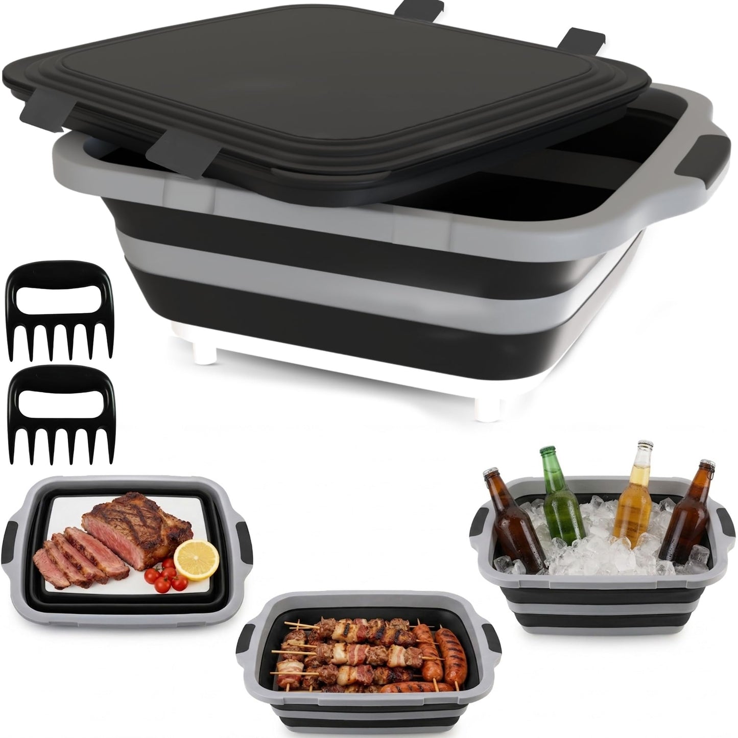 MAYALEAD BBQ Prep Tub with 2 Pcs Meat Shredder Claws, Collapsible Cutting Board, Cutting Board with Locking Lids, Drip Easy BBQ Prep Tub with lid-XL Size (Black)