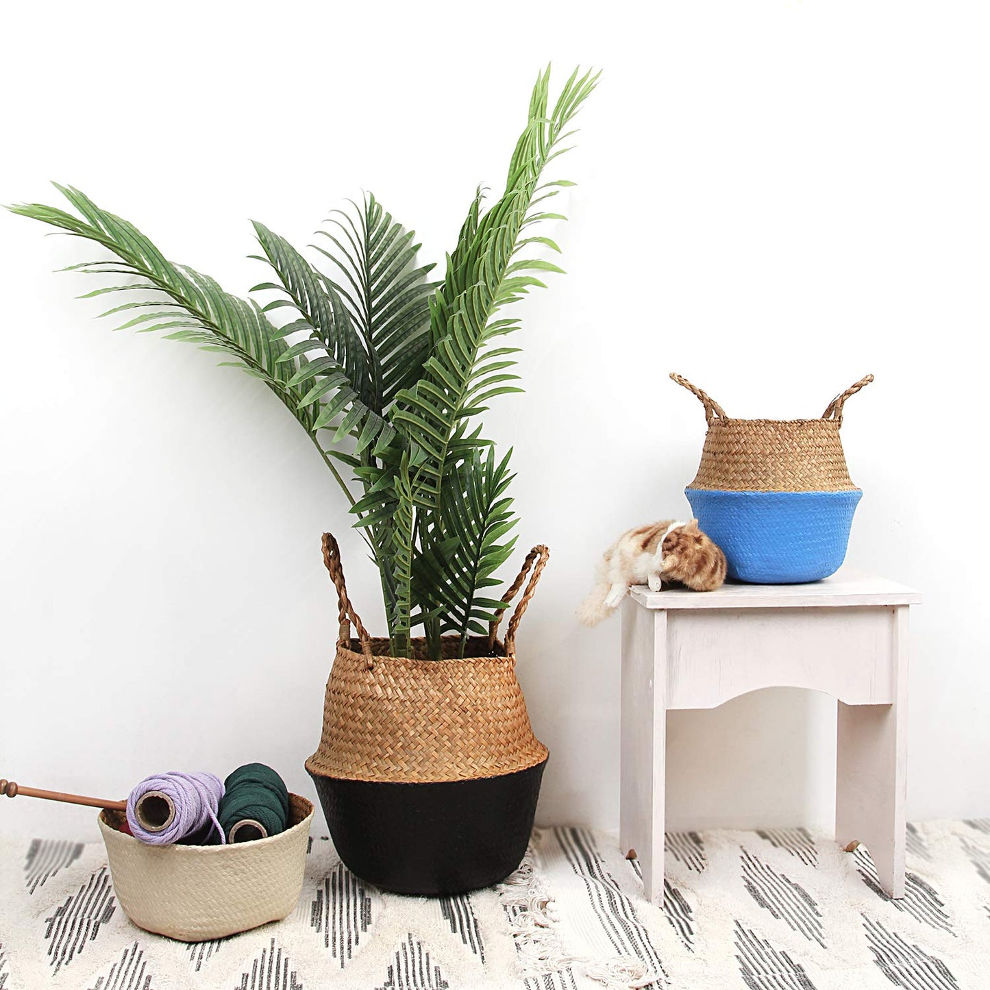 BlueMake Woven Seagrass Belly Basket for Storage Plant Pot and Laundry, Picnic and Grocery Basket (Medium, Original)