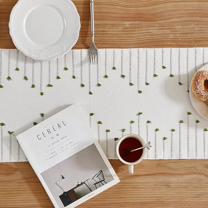 Wracra Boho Table Runner, Natural Cotton Woven Macrame Table Runners 48 Inches Long for Modern Farmhouse Woven Home Decor, 14x48 Inch, Green