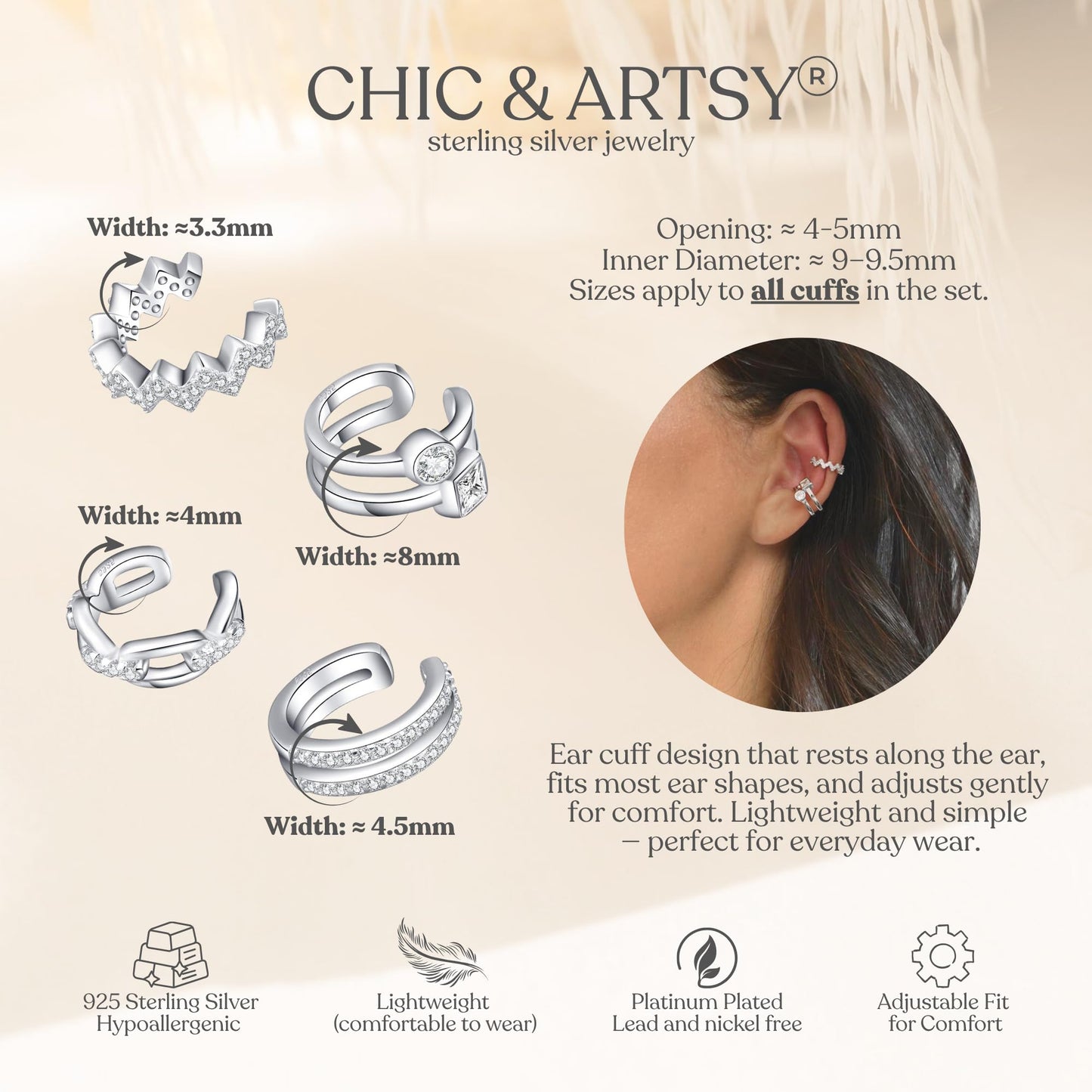 Ear Cuffs 925 Sterling Silver CZ Fake Ear Cuffs for Women Non-Piercing Ear Conch Clip on Cartilage Earrings | 4 Various Styles