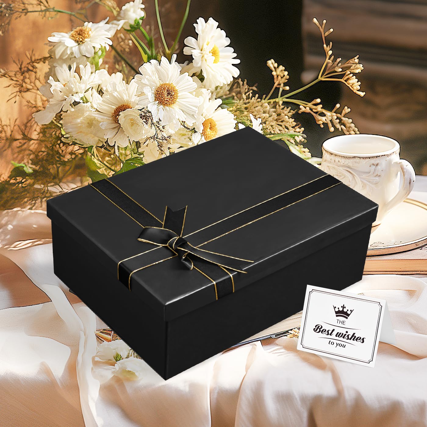 Xylitic Large Gift Boxes with Lids, 13×10×5 Inches Black Gift Box, Gift Box with Ribbon Bow, Card and Shredded Paper Filler, Luxury Gift Boxes for Presents, Birthday, Weddings, Christmas(1Pack)