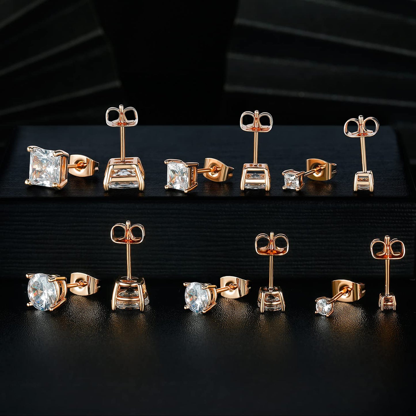 18K Rose Gold Plated Round Princess Cut Clear Cubic Zirconia Stud Earring of 6 Pairs (6 Pairs)