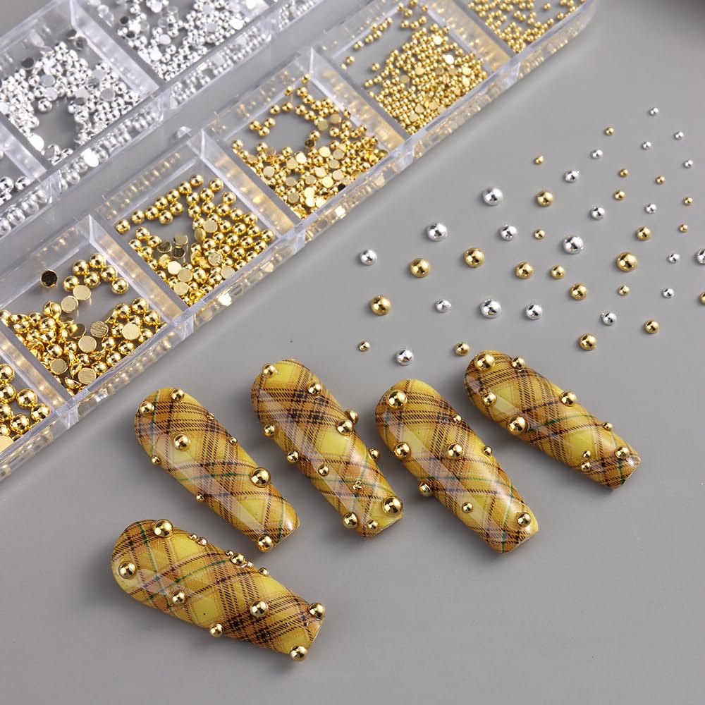Silver and Gold Nail Charms and Gems, Mixed Sizes Half Round Flatback Stainless Steel Beads Metallic Caviar Beads Nail Rivets Studs Jewels with Tweezers Manicure Decorations DIY Crafts