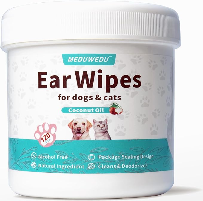 MEDUWEDU Ear Cleaner Finger Wipes 120 Counts, Dog Ear Cleaner, Grooming Kit Care for Dogs and Cats, Soft & Easy Otic Cleaning Pads, Remove Wax, Dirt & Stop Smelly, Itchy, Non-Irritating, Unscented